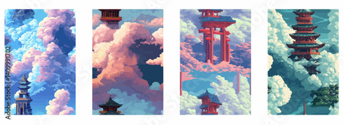 Vector pattern set of a pixelated shrine standing above clouds background