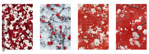 Vector pattern set of red and white plum blossoms scattered in snowfall background