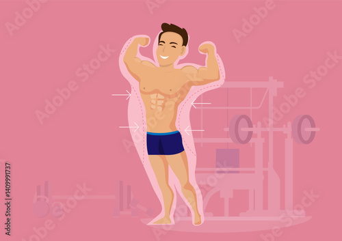 Happy man after exercise and diet loses weight according to arrows Let him achieve his intended goal. vector illustration