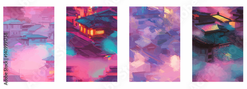 Vector pattern set of retro futuristic Kyoto rooftops with rainbow vapor mist background