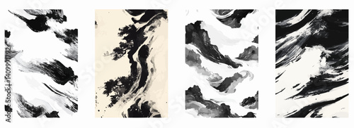 Vector pattern set of a stylized rushing river with thick sumi-e brushstrokes background