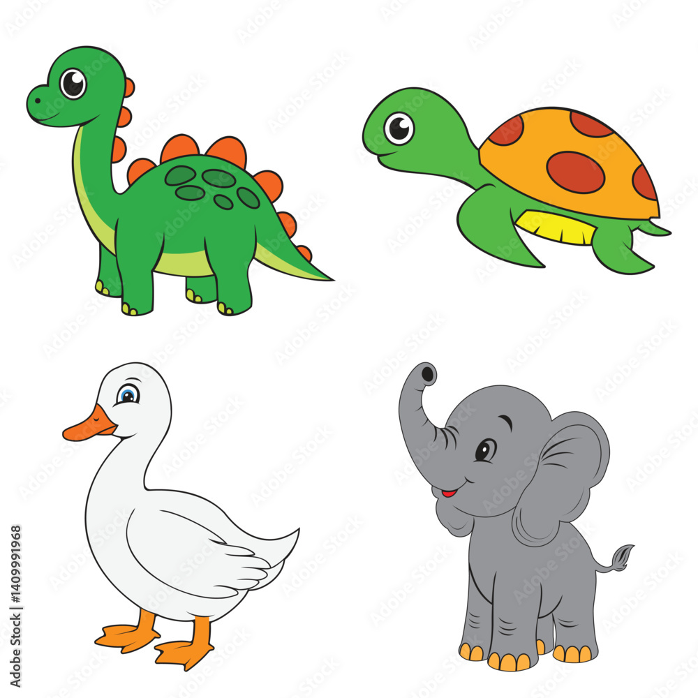 Naklejka premium Cute Cartoon Animal Collection with Dinosaur Turtle Duck and Elephant