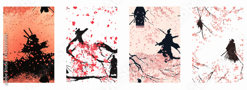 Vector pattern set of a samurai warrior silhouette under falling cherry blossoms background pink