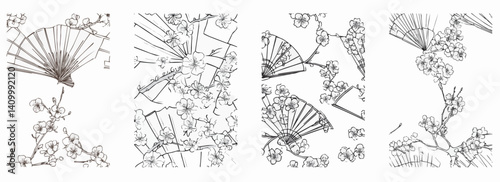 Vector pattern set of a simple outline fan with plum blossoms background