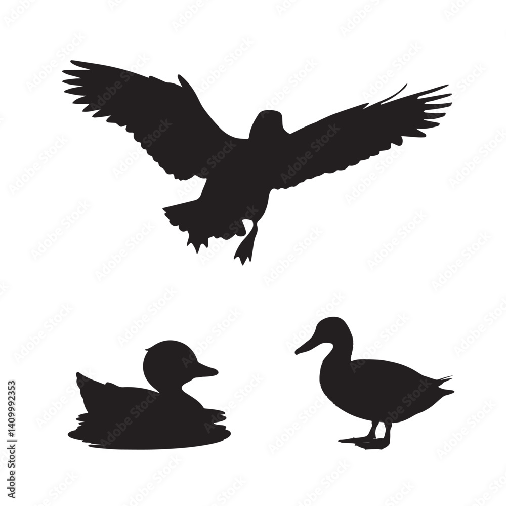 Fototapeta premium Silhouette of duck vector icon set illustration isolated on white background.