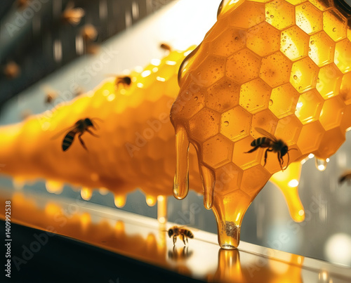 Golden honey drips from a honeycomb as bees busily work in the warm afternoon light photo