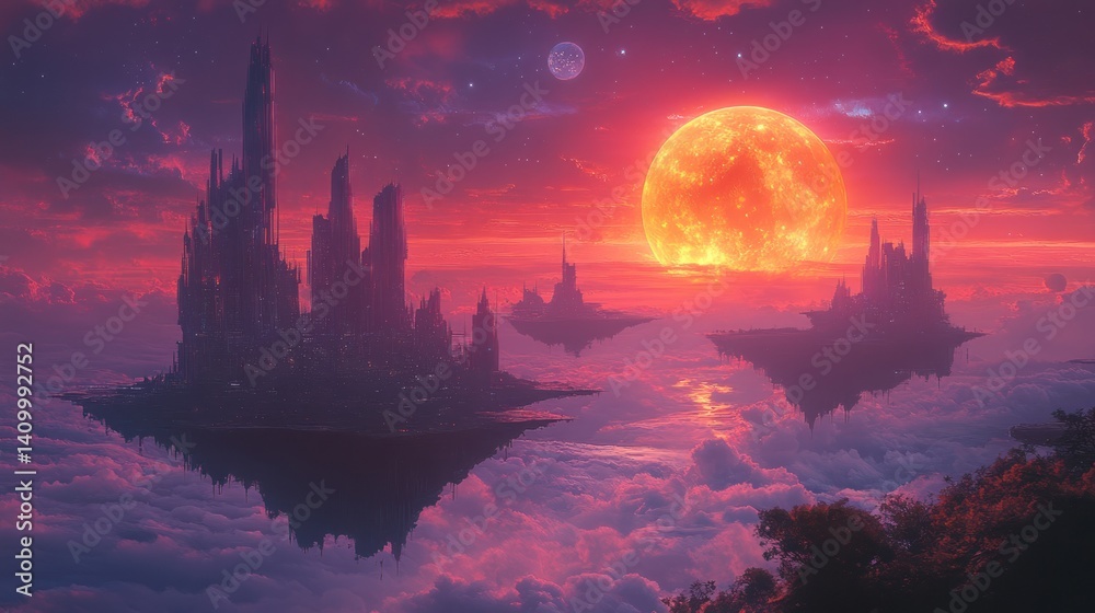 Naklejka premium Floating city at sunset, crimson sky, and giant red moon