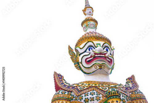 Portrait of white Sahassa Deja yaksha giant isolated on white background with copy space. Dvarapala or Dvarapalaka spirit is a door or gate guardian at East Asia