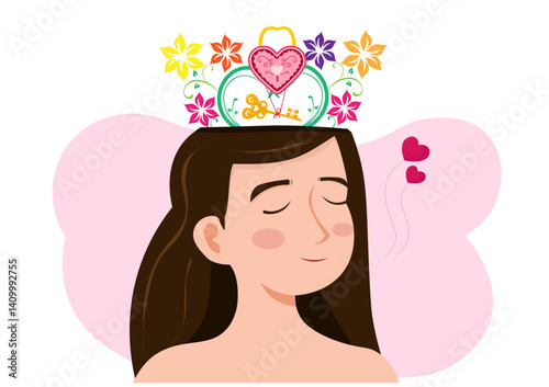 Woman with love symbol key and padlock on her head Means the desire to get a partner. and have positive thoughts. vector illustration