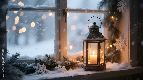 A vintage Christmas lantern with a candle casts a warm light on the cold snow during a winter night, a perfect holiday decoration