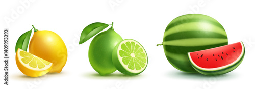 Summer fruits collection, tropical fruits lemon, orange and watermelon, seasonal fruits