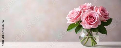 Delicate pink roses in a matching vase, soft pastel tones , soft, feminine, flower