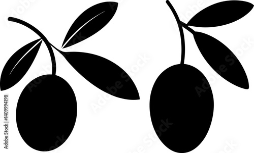 Olive with leaves art vectors and Set of black olive branch icon silhouette collections
