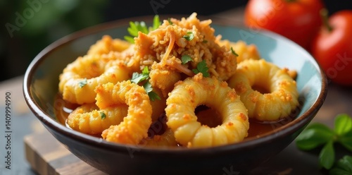 Golden fried plantains and calamari mingle in a savory bowl, crowned with crunchy onions , fried, plantain