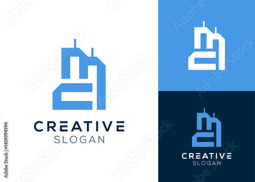 Initials CM or MC with building logo design for architecture, real estate or residence