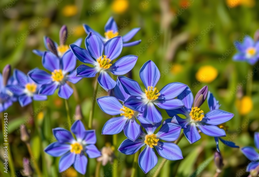 Vibrant Colorado blue columbines in full spring bloom, petals unfurled, Colorado, detail Vibrant Colorado blue columbines in full spring bloom, petals unfurled, Colorado, detail