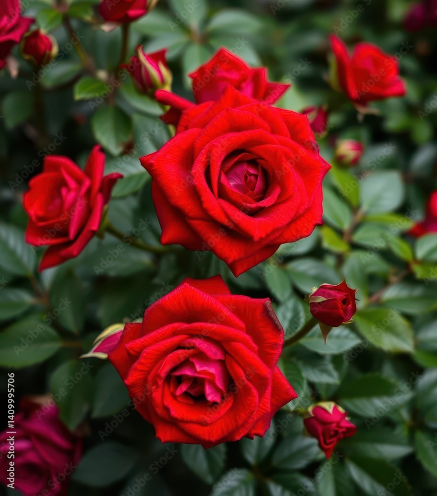 Luxurious crimson roses, velvety petals, lush green foliage, close-up, color Luxurious crimson roses, velvety petals, lush green foliage, close-up, color