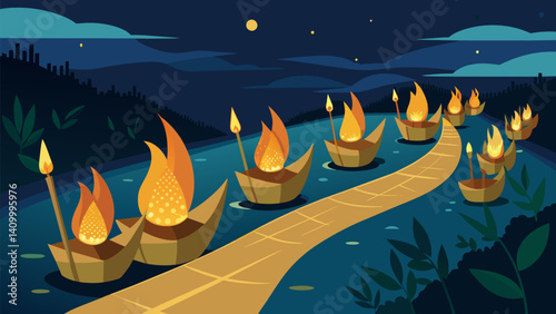 An enchanting procession of candlelit corn husk boats floating on a nearby river to symbolize the journey of corn from field to table.. Vector illustration