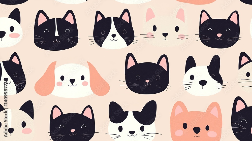 Fototapeta premium Cute cartoon puppies and kittens pattern pastel colors fun design playful environment whimsical concept
