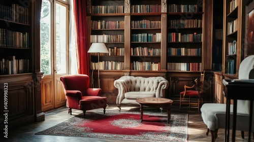Luxury interior of a home library, featuring elegant furniture and a cozy sitting room