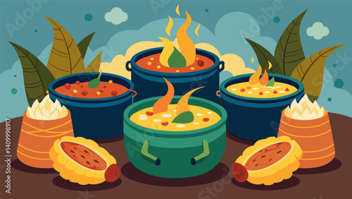 Delicious smells waft through the air as pots of simmering fillings such as pork in salsa verde or chicken in mole await their turn to be wrapped in cornhusks.. Vector illustration