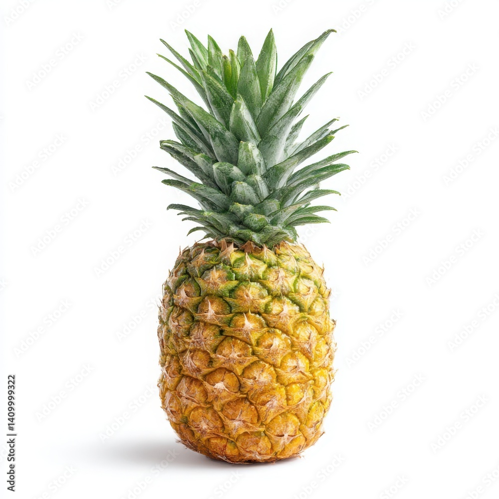A single whole pineapple with green leaves against a plain white setting A single whole pineapple with green leaves against a plain white setting