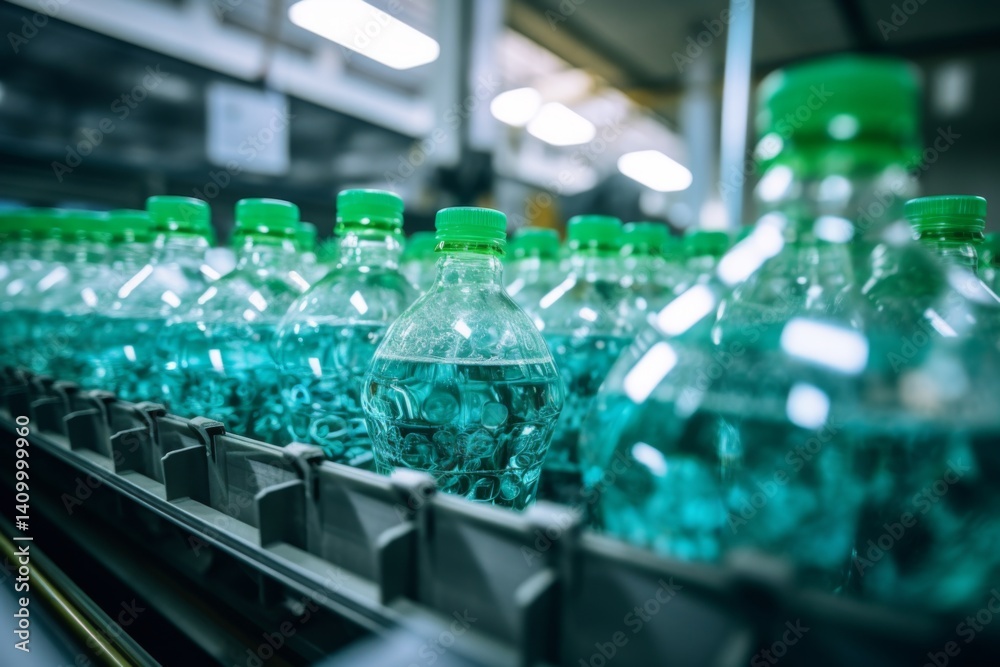 line of plastic bottles on a assembly line line of plastic bottles on a assembly line
