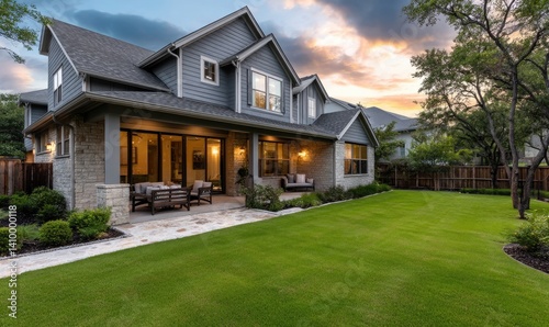 Beautiful home in Austin, Texas, with a large backyard at sunset
