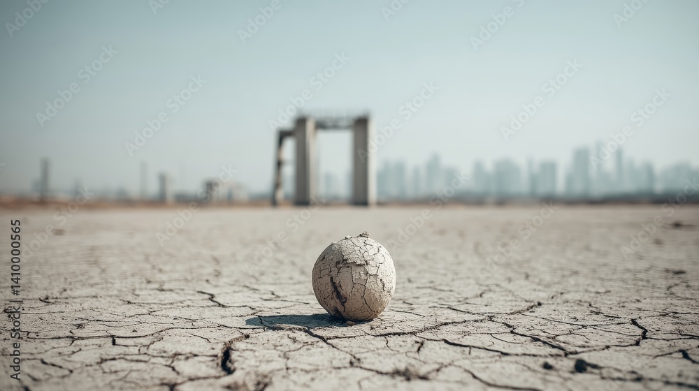 Cracked barren ground with dried ball and collapsed structures for heatwave campaign, drought report and post-crisis awareness design