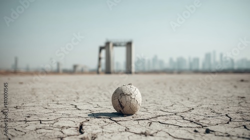 Obraz na płótnie Cracked barren ground with dried ball and collapsed structures for heatwave campaign, drought report and post-crisis awareness design w salonie