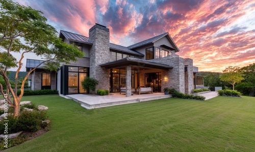Beautiful home in Austin, Texas, with a large backyard at sunset