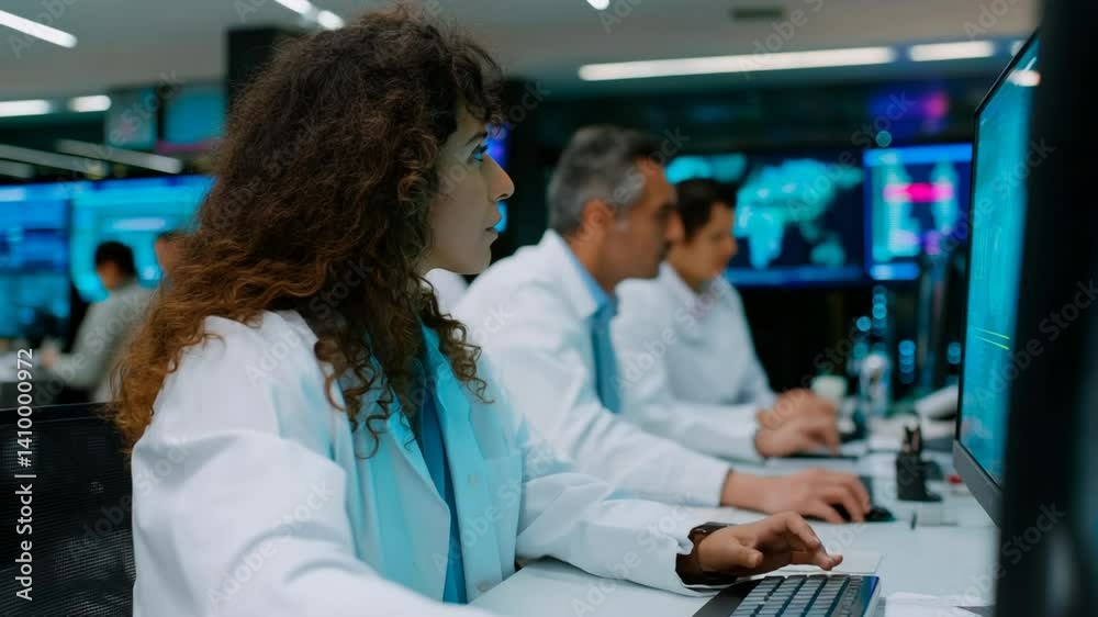Diverse senior data scientist reviews risk management in high-tech office Diverse senior data scientist reviews risk management in high-tech office