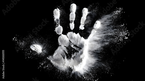 A striking black and white image featuring a handprint made from white powder, creating a dramatic visual effect.