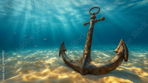 An ancient anchor rests on the sandy ocean floor.
