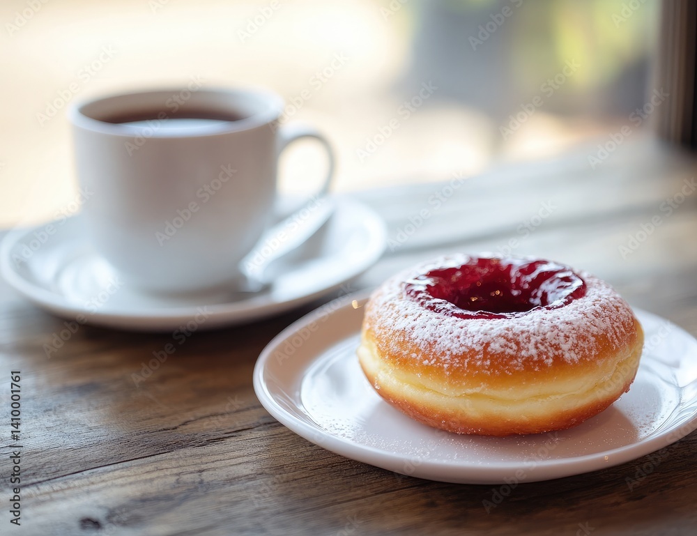 Donut with jam and a cup of tea Donut with jam and a cup of tea