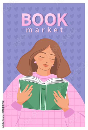 Girl reading a book. Banner for bookstore, library, sale in bookshop, market. Vector illustration