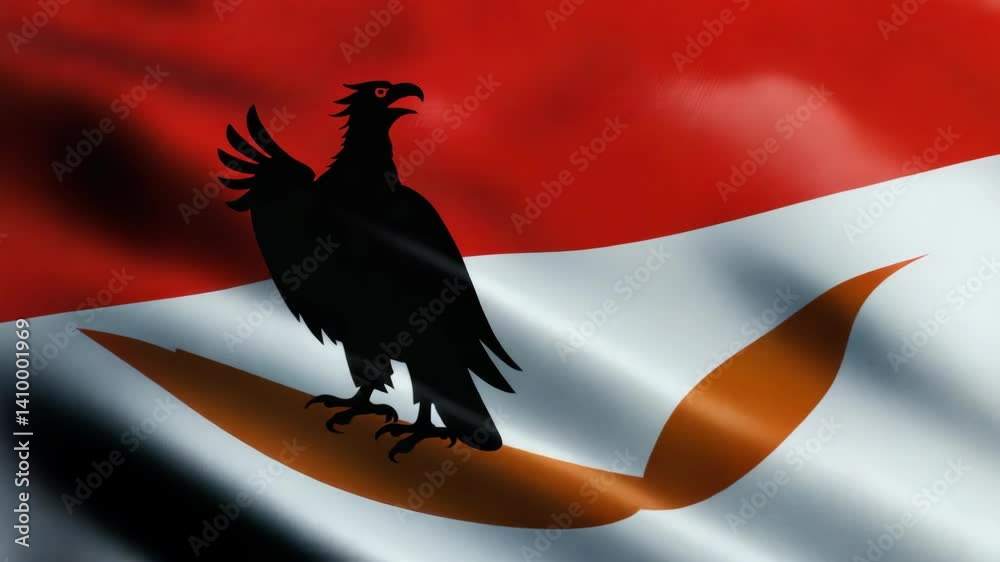 Flag featuring a black silhouette of a bird with spread wings over red and white stripes and an abstract orange shape.