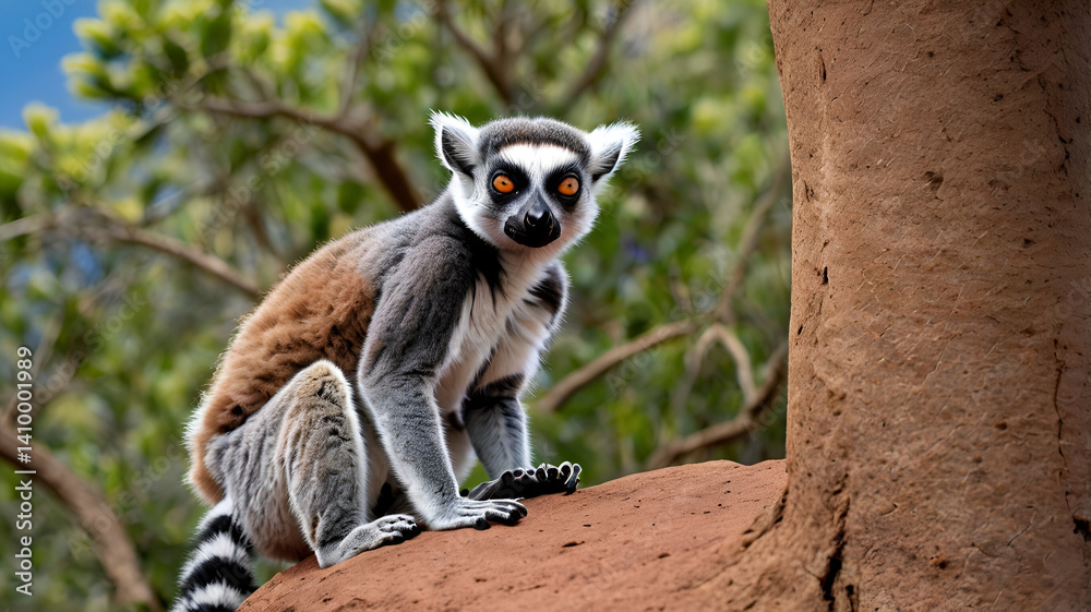Fototapeta premium ring-tailed lemur A ring-tailed lemur basking in the morning sun atop a rocky outcrop
