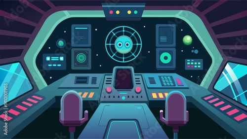 The pit boasts a futuristic design filled with transparent buttons and haptic touch controls that respond with a gentle vibration as the pilot navigates through the different. Vector illustration