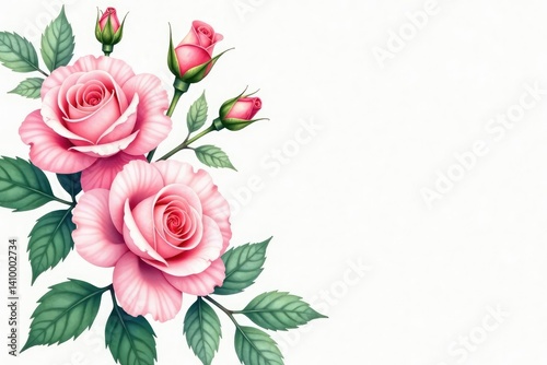 Delicate watercolor roses & buds, blush pink & green leaves , summer, green