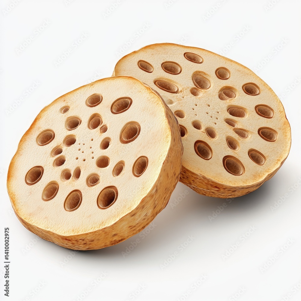 Fototapeta premium Two slices of lotus root, showing intricate holes