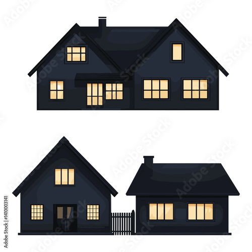 Black cottage houses with yellow windows illustration set