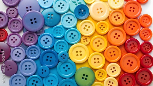 Vibrant gradient pattern of assorted colorful buttons transitioning from purple to red with detailed textures