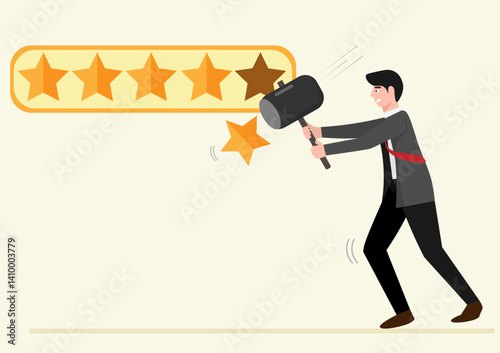 Downgrade credit rating, decrease reputation, trust or score drop, negative feedback, loss credit score or reduction concept, businessman hit star credit rating with big hammer.