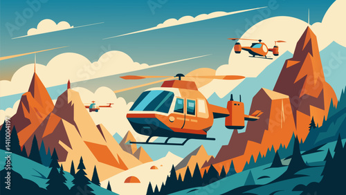 Whirring noiselessly through the crisp mountain air these urban air taxis provide a convenient and efficient mode of transportation through the rugged terrain.. Vector illustration