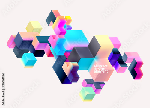 Multicolored 3D cubes. Glass iridescent geometric shape. Abstract conceptual background