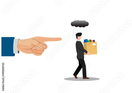 Fired employee, layoff or dismissal worker, misconduct or underperform staff, failure or trouble employment, jobless or unemployment concept, boss pointing finger to fires, layoff misconduct employee.