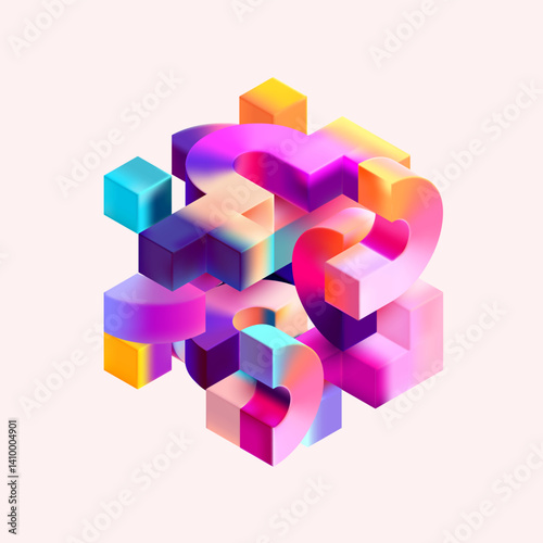 Multicolored 3D cube.  Glass iridescent geometric shape.