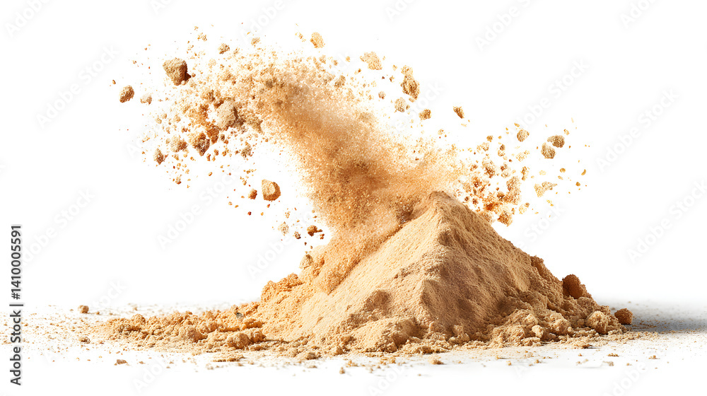 A dynamic eruption of fine beige powder on a white background, conveying energy and texture in a time-lapse effect.