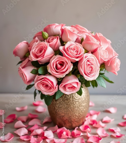Luxurious bouquet of blush pink bouquet roses, loose petals scattered, in a textured vase, nature, pink roses